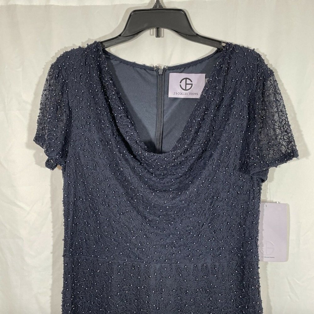 NWT $358 JS Collection Cowl Neck Beaded Mesh Gown in Blue [SZ‎ 10 ] - Picture 5 of 12